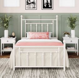 14 Inch Twin Size Metal Platform Bed Frame with Victorian Vintage Headboard and Footboard/Mattress Foundation/Under Bed Storage/No Box Spring Needed/E