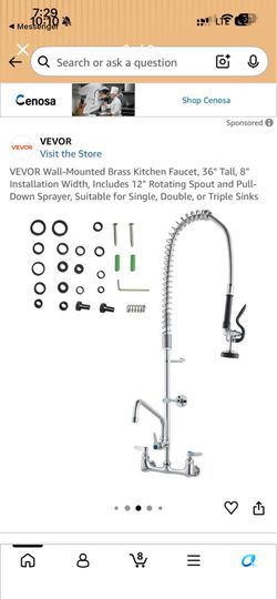 Wall-Mounted Brass Kitchen Faucet, 36" Tall, 8" Installation Width, Includes 12" Rotating Spout and Pull-Down Sprayer, Suitable for Single, Double, or