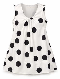 Women’s White Black Polka Dot Sleeveless Scoop Neck A-Line Tunic Top Size M