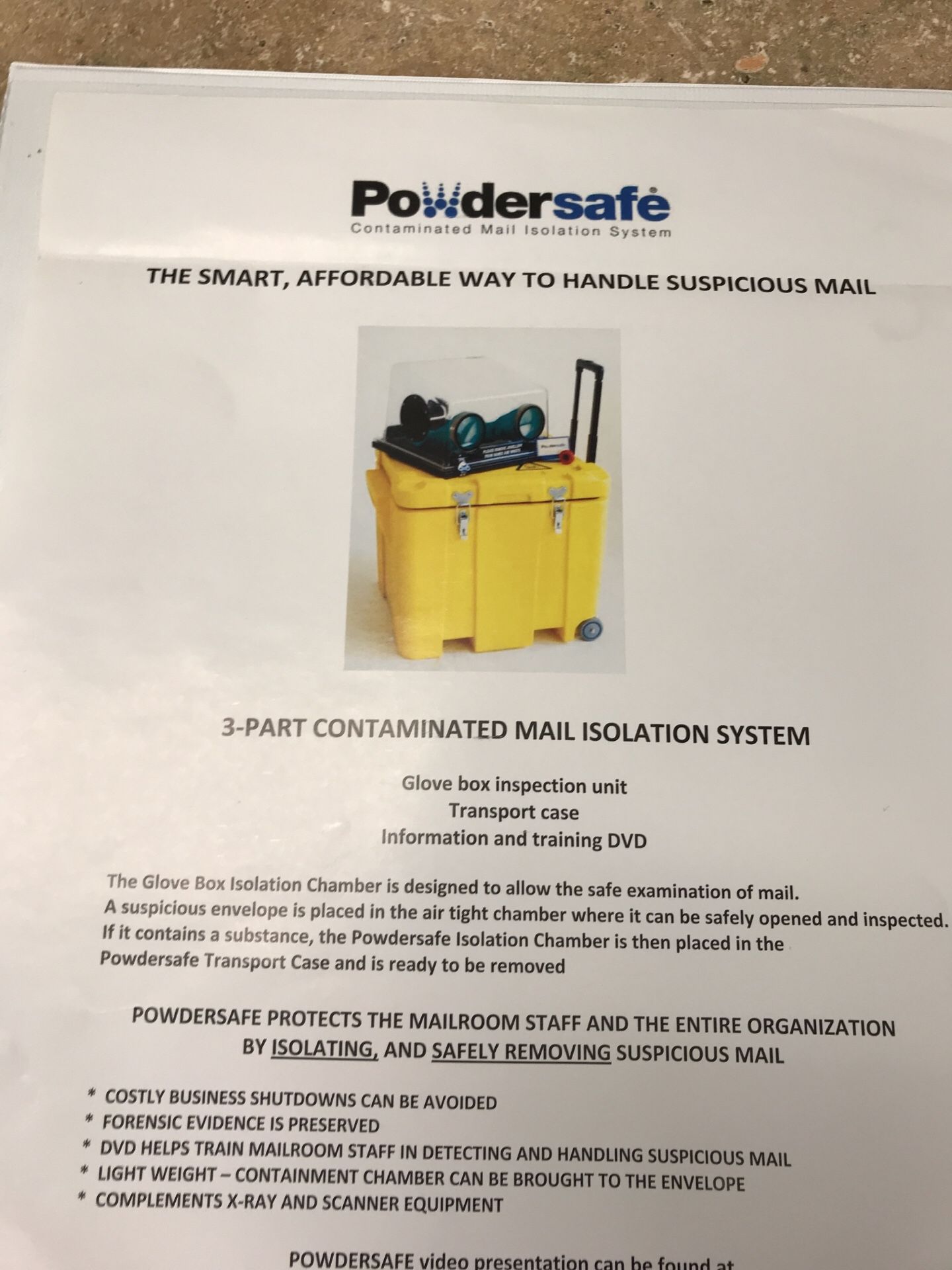 Powdersafe 3 part contaminated mail isolation system