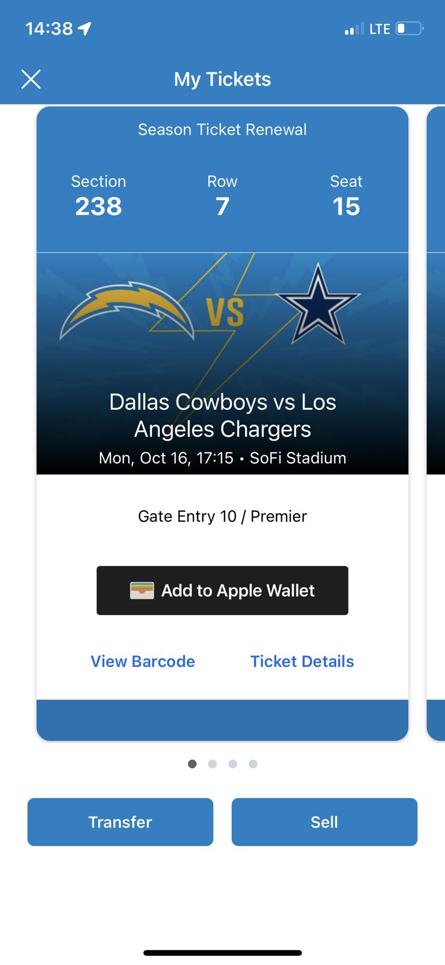 Los Angeles Chargers v. Dallas Cowboys Tix (Club Level Access)