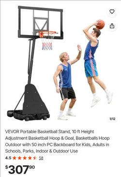 VEVOR Portable Basketball Stand, 10 ft Height Adjustment Basketball Hoop & Goal, Basketballs Hoop Outdoor with 50 inch PC Backboard for Kids, Adults i