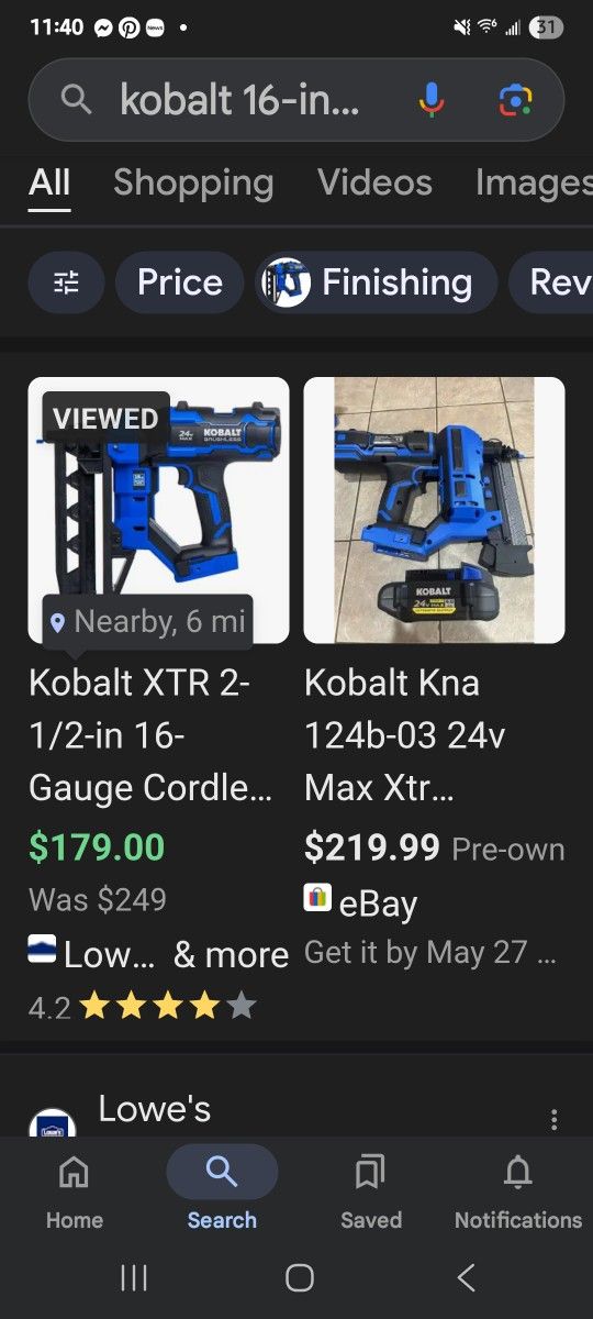 kobalt 16-in cordless brushless nail gun