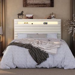 Full Bed Frame with LED Light & 2-Tier Storage Shelf, Cream Velvet Upholstered Adjustable Headboard with Charing Station, Horizontal Channel Tufted, N