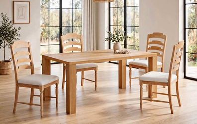 Wood Dining Table and 4 Chairs Set. 5-Piece Dining Set - 63" Natural White Oak Table + 4 Linen Upholstered Chairs