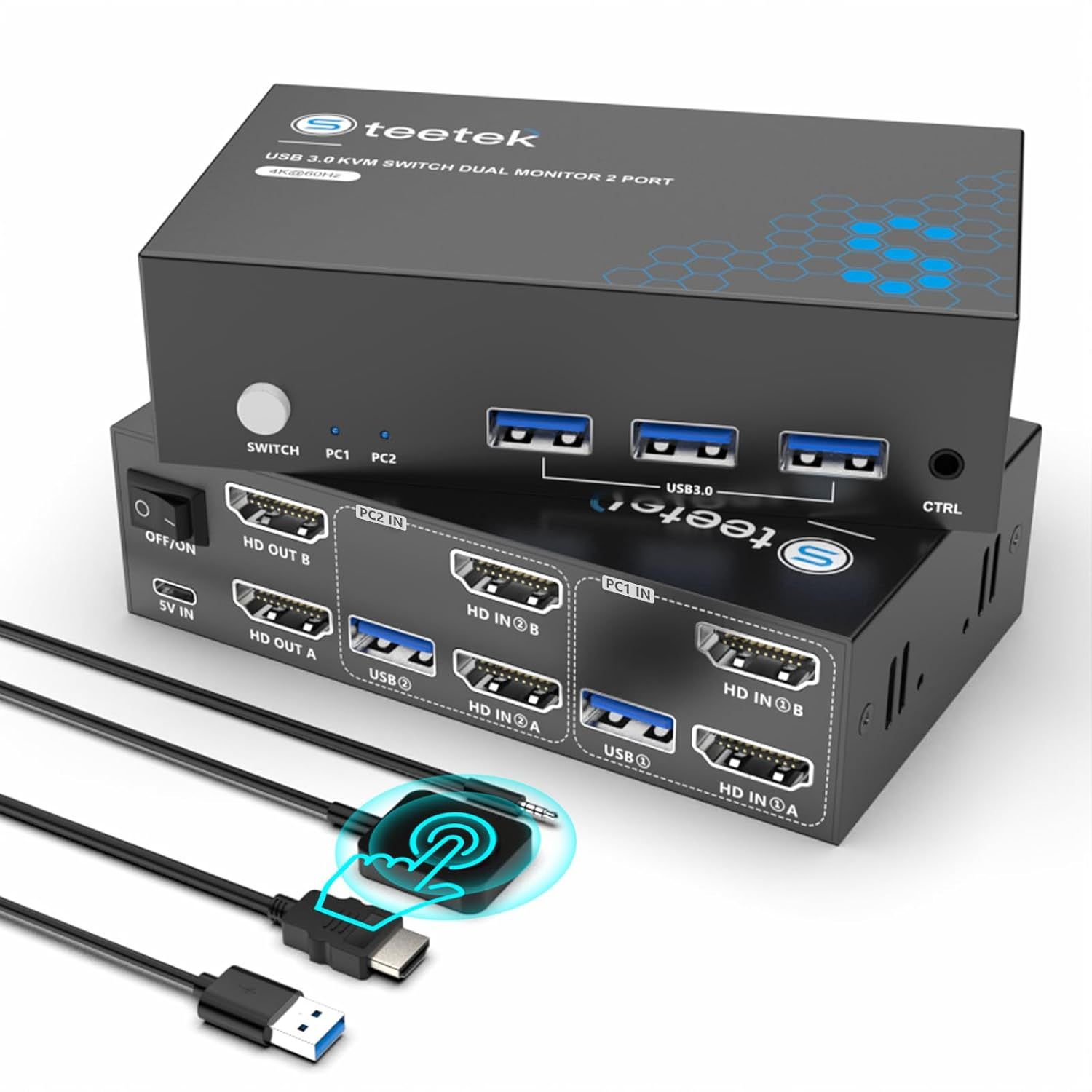 USB 3.0 HDMI KVM Switch 2 Monitors 2 Computers, 4K@60Hz KVM Switches for 2 Computers Sharing 2 Monitor Keyboard Mouse Hard Drives Printer, with EDID A
