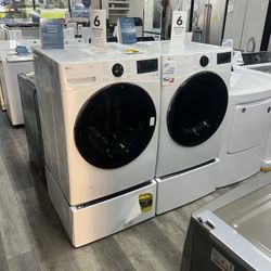 LG - 4.5 Cu. Ft. Stackable Smart Front Load Washer with Pedestal Washing Machine & 7.4 Cu Ft Smart Gas Dryer Set In White 🫶
