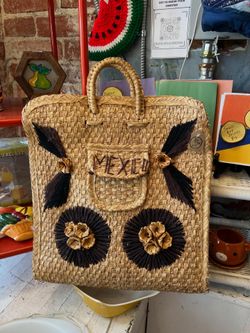 Rustic vintage MCM straw basket bag with flowers,weaving, says MEXICO