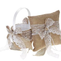 DGQ Burlap Flower Basket and Bowknot Ring Bearer Pillow Set