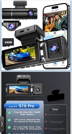 4K Dash Cam Front and Rear Inside with 64GB Card, 3 Channel Dash Camera for Cars