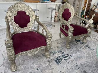 2 Lion Head Armchairs. Carved Metal Over Wood. Royal Plum Upholstery With Piping. This Pair Is Fit For A King & Queen!