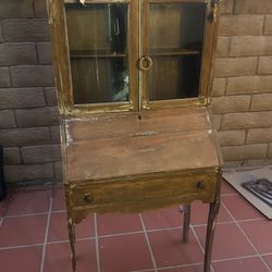 Antique Secretary Desk With Lit Glass Enclosed Shelves