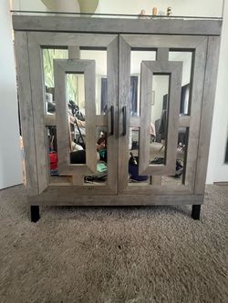 Gray Wood Wine Cabinet with Mirrored Doors