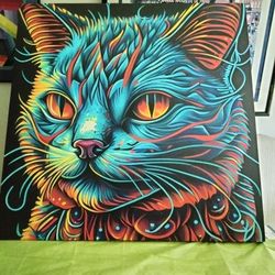 GIANT WRAPPED CANVAS PSYCHEDELIC PRINT OF CAT GIANT 40X40 PRINT ON CANVAS