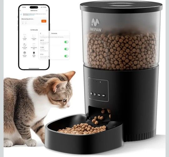 Automatic Cat Food Dispenser, WiFi Cat Feeder with APP Remote Control for Dry Pet Food, Programmable Timer, Dual Power Supply, Slow Feeder for Cats &