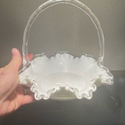 Vintage Milk Glass Ruffled Basket w/ Clear Handle – Mid Century