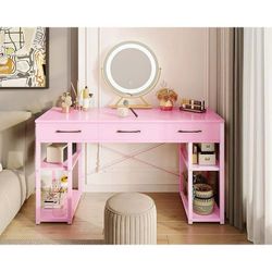 Small Computer Desk: Home Table with Fabric Drawers & Storage Shelves, Modern Writing Desk pink  Powerful Vanity Storage Space】Are you stil
