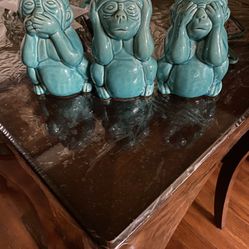 Ceramic Monkey No Evil Assortment Of Three Aquamarine