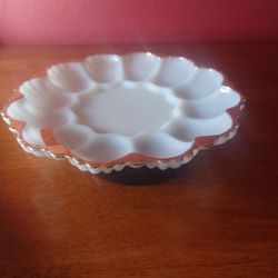 Vintage Anchor Hocking Fire King White Milk Glass Deviled Egg Plate with Gold Trim. 