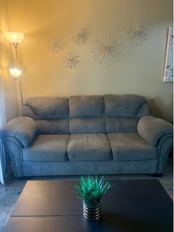 Gray Fabric 3-Seat Sofa with Nailhead Trim