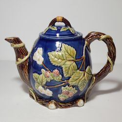 Majolica Teapot Berries Flowers