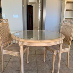 Vintage Cane and Glass Round Dining Table, 2 Chairs