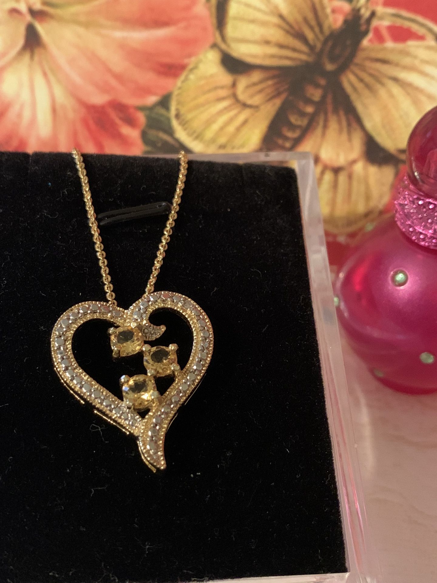 Genuine Citrine & Diamond Studded Heart Necklace