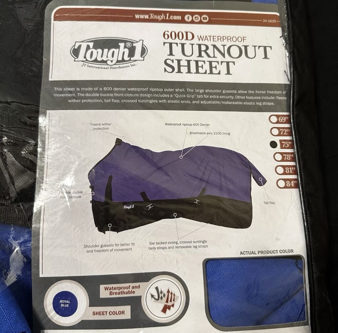 Tough 1 600 Denier Waterproof Horse Sheet Blue/Royal 75"