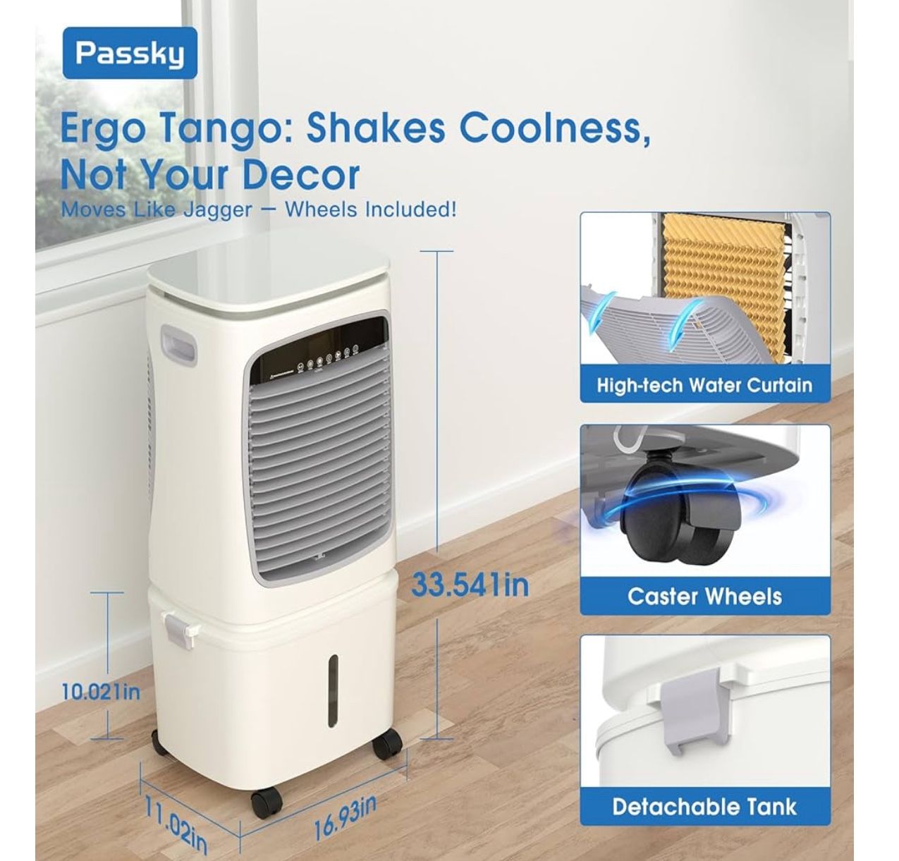 Portable Evaporative Air Cooler & Swamp Cooler - 6.6 Gal Tank, 3-in-1 Cooling Fan with Remote & LED Light, 120° Oscillation, 3 Speeds, 12H Timer, 2 Ic