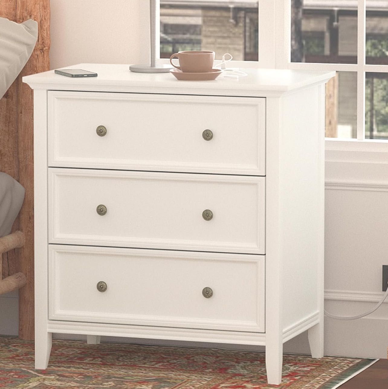 Nightstand with 3 Drawers and Charging Station, Solid Wood Dresser Organizer for Bedroom SUG001-2