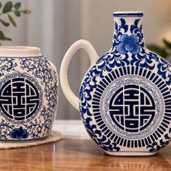 Chinese Blue and White Ceramic Teapot and Jar Set with Longevity Symbols