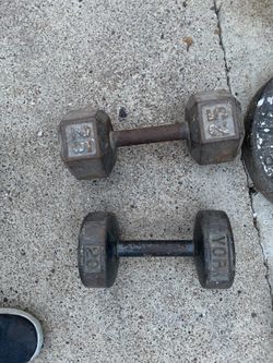 25lb dumbbell going for 45$, 20lb dumbbell 40$ and a curl bar with 50lbs weight on it for 50$ and 2 25lb plates for Olympic Bar 60$. Firm on price.