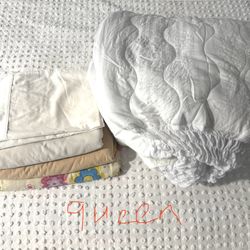 Includes queen size quilted cover , two pillows cover and 3 bed sheets.