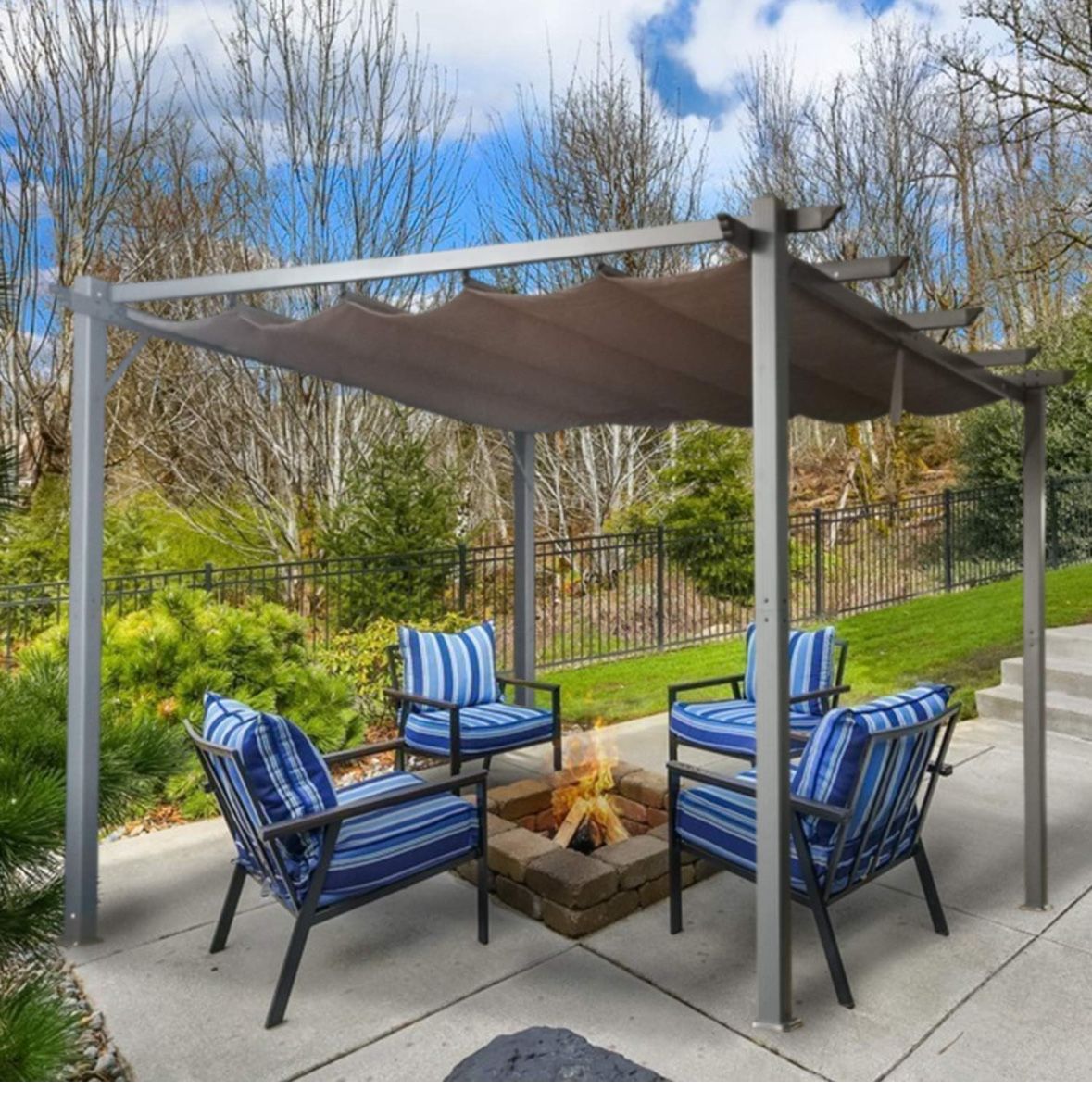 Patio Pergola 10 x 10 Flat Hanging KD Tent Retractable Gazebo for Outdoor Garden or Deck, Khaki