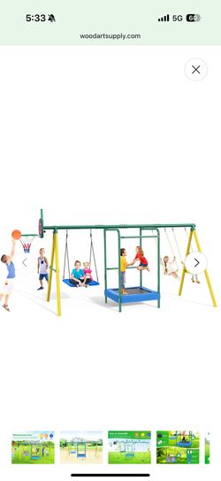 Vibemo Swing Sets for Backyard, 5-in-1 Outdoor Swing Set, 660 lbs Heavy Duty Extra Large Metal Kids Swing Sets with Trampoline, Platform Swing, 2 Swin