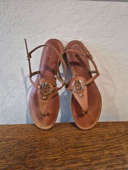 Tommy Hilfiger Sandals Brown Leather Thong Design Gold-tone Monogram Logo Women's Size 10 M