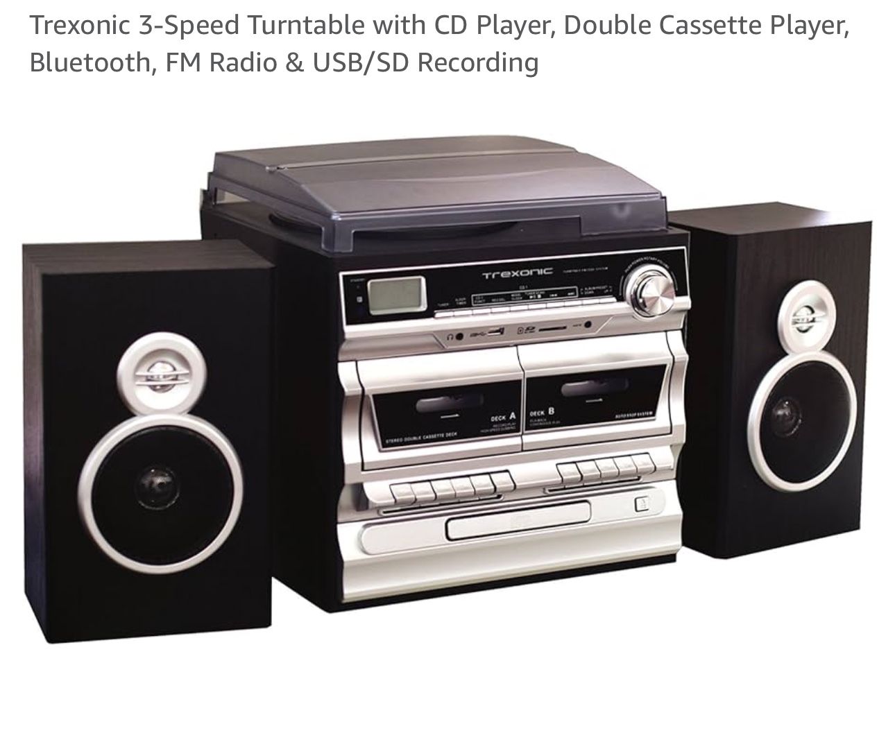 Trexonic 3 Speed Turntable With CD Player, Double Cassette, Bluetooth, Fm Radio And USB/ SD Recorder