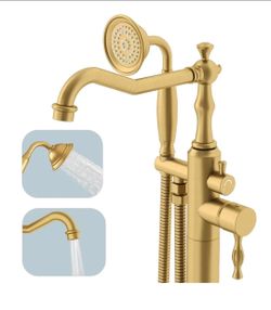 Hoimpro Freestanding Bathtub Faucet Tub Filler Brass Brushed Gold Hand Shower