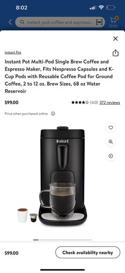 Instant Pot Multi-Pod Single Brew Coffee and Espresso Maker, Fits Nespresso  Capsules and K-Cup Pods with Reusable Coffee Pod for Ground Coffee, 2 to 12  oz. Brew Sizes, 68 oz Water Reservoir 