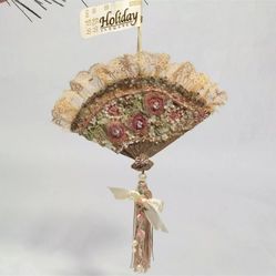 Victorian Style Resin Hand Fan Christmas Ornament Holiday Elegance Beads Tassel