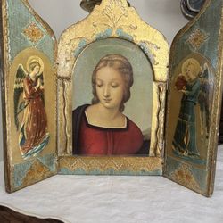 VTG Italian Florentine Gold Gilt Wood Triptych Madonna 
