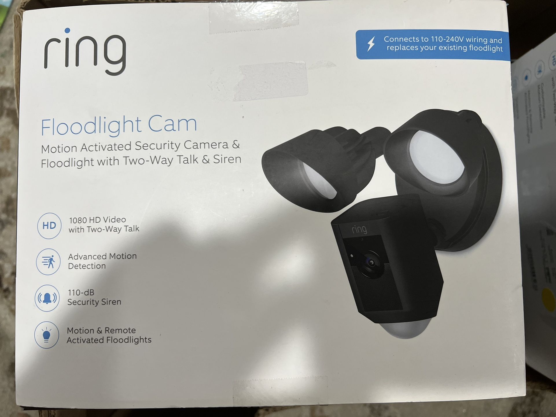 Ring Floodlight Wi-Fi Motion Security Camera Black Two-Way Talk & Siren 1080HD.