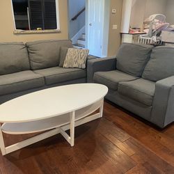 Blue Grey Couch, Love Seat & White Oval Coffee Table 