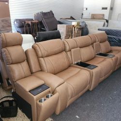 Luxury Power Reclining Sofa | Leather 3 Seater | USB Charging | Cup Holders | Home Theater Couch