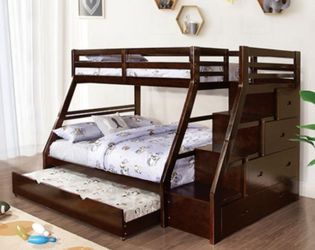 Brand New Espresso Twin over Full Bunk Bed w Staircase + Twin Trundle Bed