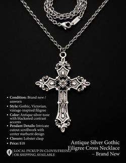 Antique Silver Gothic Filigree Cross Necklace