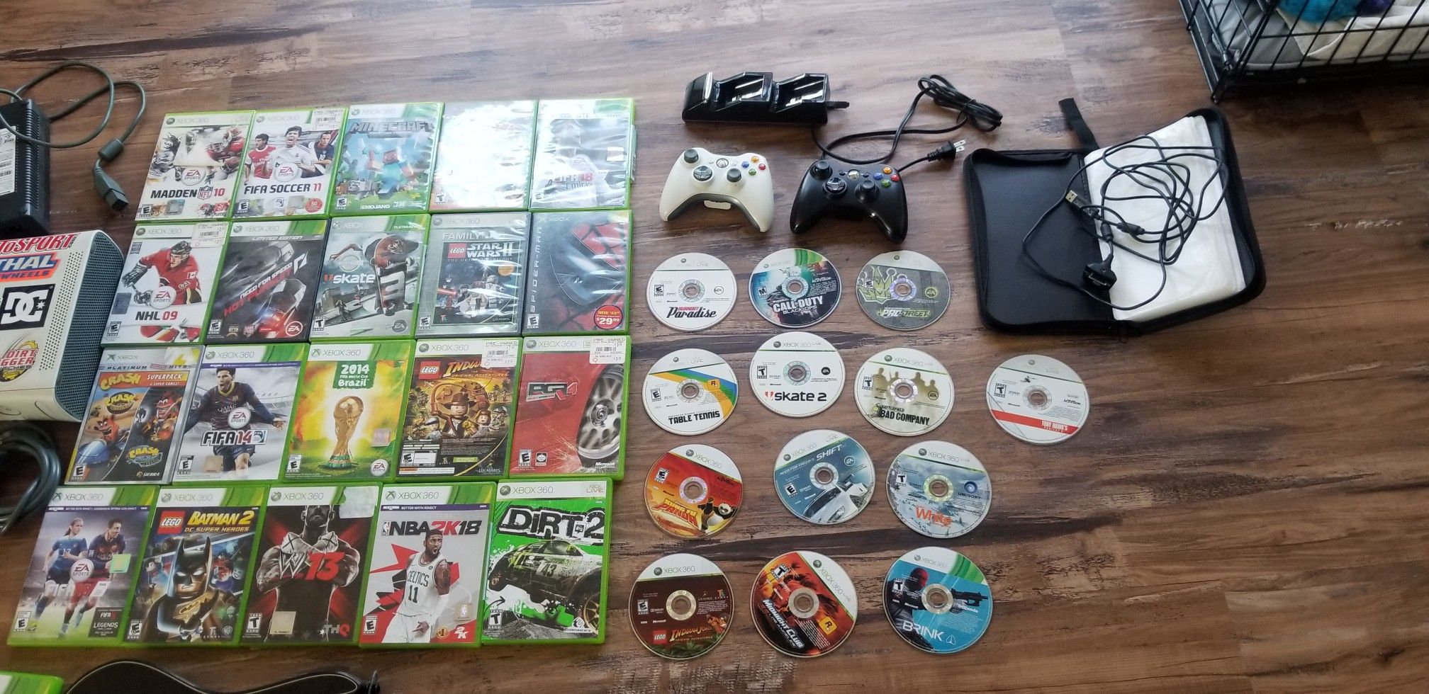 X BOX 360 console, controlers ,games and guitar