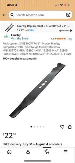 Fourtry 21” Lawn Mower Blade (contact info removed)A for Hyper Tough Murray Black Max New