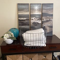 Pictures, Basket With Bedspread And Decorative Flowers 