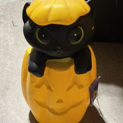 Holiday Home 18” Blow Molded Black Cat in Pumpkin – Light-Up Halloween Decoration